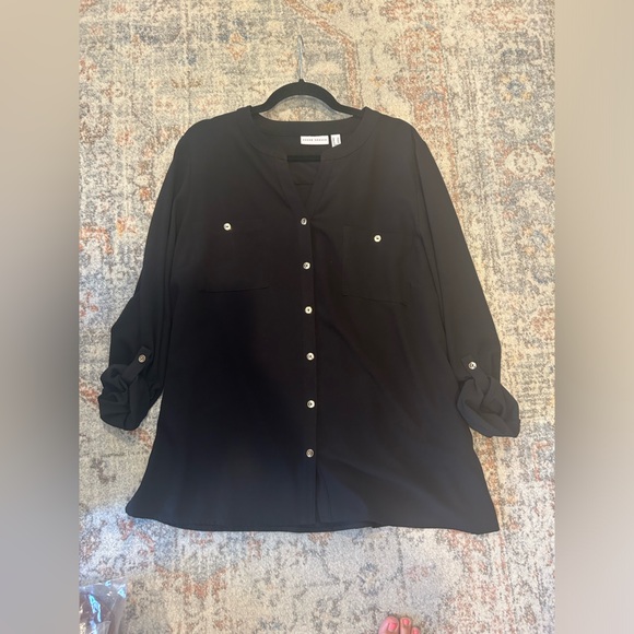 Susan Graver Stretch Woven Button Front Long Sleeve Shirt Plus 16 Black A286471 - Picture 2 of 10